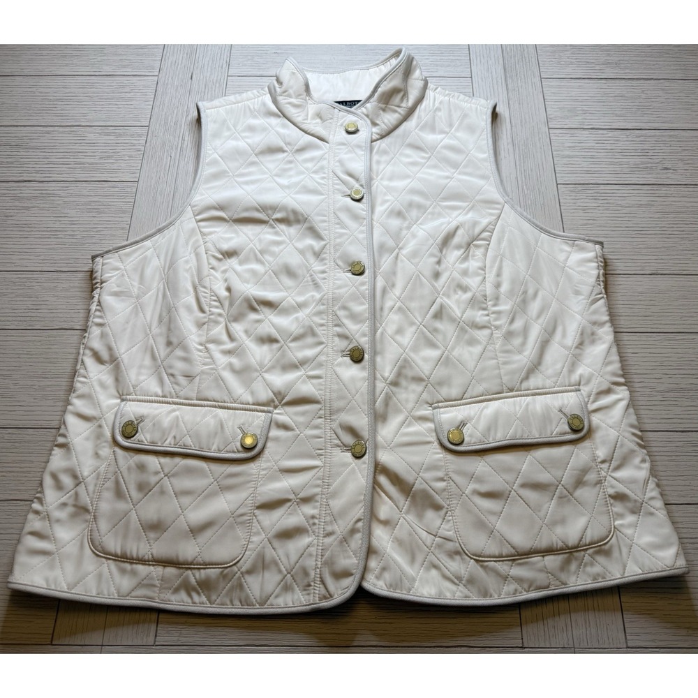 Talbots Woman Off White Polyester Quilted Vest Sz 2X Button Up Pockets Casual